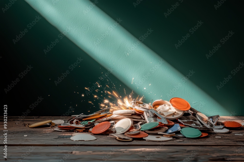Aufkleber a vibrant pile of colorful tokens surrounded by sparks and light, creating a striking visual composi