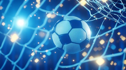 Fototapeta premium Soccer ball flew into the goal. Soccer ball bends the net, against the background of flashes of light. Soccer ball in goal net on blue background. A moment of delight, 3D illustration