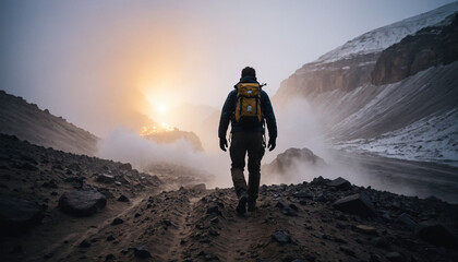 Obraz premium Desert Unknowns in Foggy Winter: The Pioneer's Sojourn Engulfed in Landslide