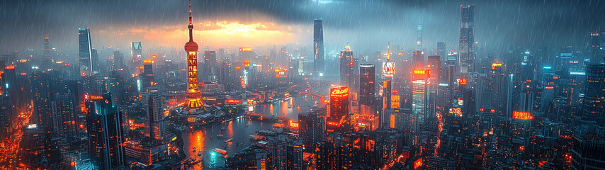 Fototapeta premium A neon-lit cyberpunk cityscape at night, featuring towering skyscrapers, vibrant signs, and a bustling urban environment with a dark, futuristic vibe.