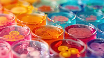 Vibrant petri dishes arranged in a laboratory (focus on, microbiological study, whimsical, Multilayer, Incubation room)