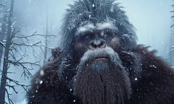 bigfoot in forest on snowy winter day
