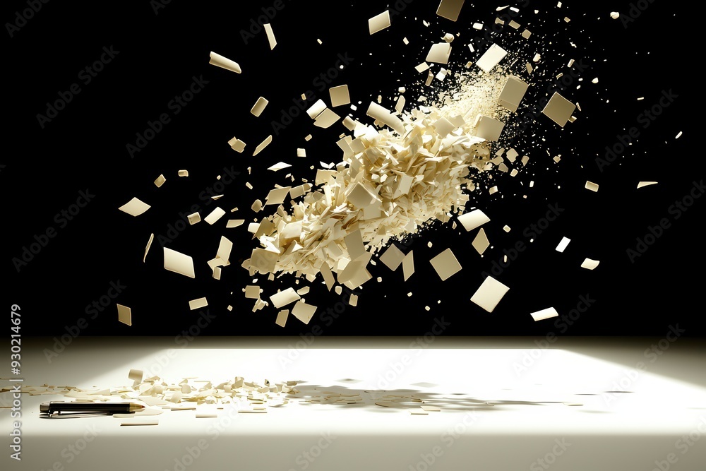 Poster an explosive burst of wooden particles captured in motion, showcasing dynamic energy and creativity 