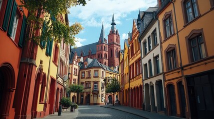 Fototapeta premium A beautiful day in the old city of Mainz, Germany, with its colorful facades, historic churches, and the timeless charm of a town steeped in history.