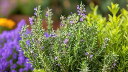 Obraz premium A beautiful rosemary plant in full bloom with tiny purple flowers, surrounded by other herbs in a vibrant garden.
