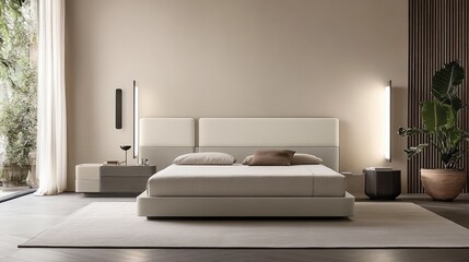 This modern bedroom offers a calming atmosphere with neutral tones, a white headboard bed, and beautiful indoor plants, perfectly illuminating the space
