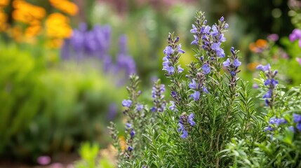 Obraz premium A beautiful rosemary plant in full bloom with tiny purple flowers, surrounded by other herbs in a vibrant garden.
