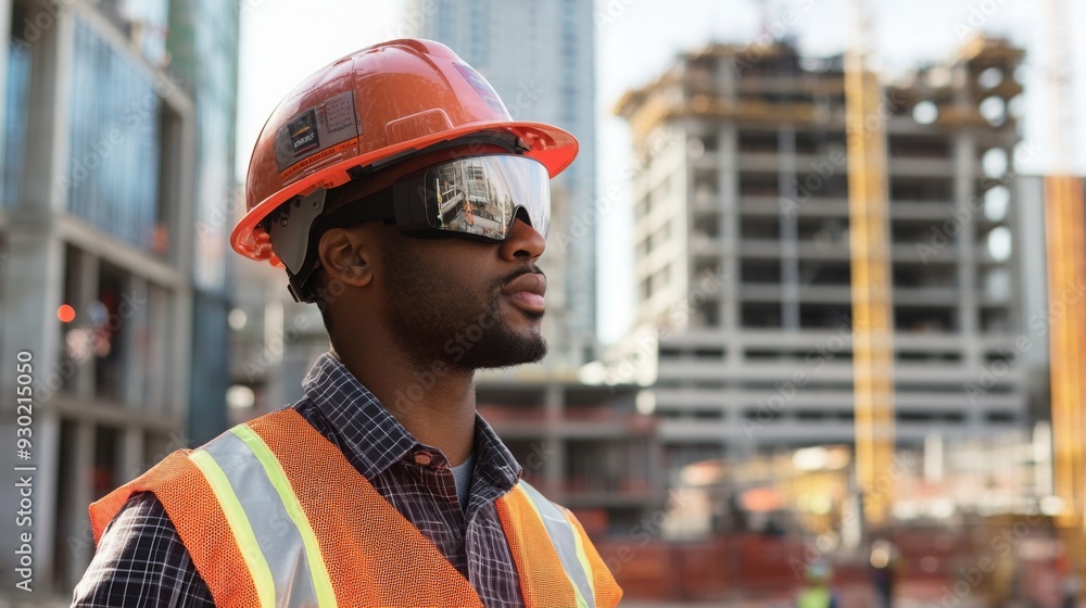 Poster a construction worker in a hard hat and reflective vest closely monitors ongoing work at a construct