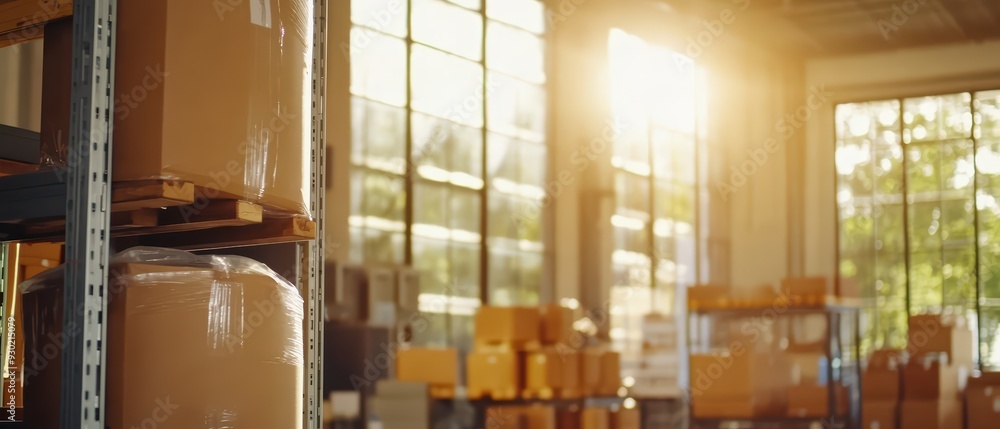 Poster bright logistic warehouse with stacked boxes, showcasing organized storage and efficient space manag