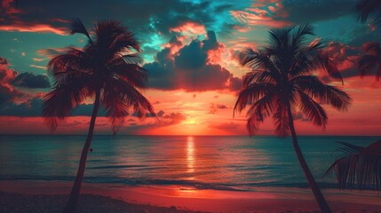 Vibrant sunset over a tropical beach with palm trees (focus on, vacation paradise, vibrant, Overlay, Seaside)