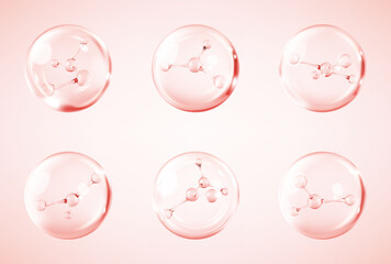 Molecules inside bubbles. Collagen serum bubble. Cosmetic essence drops. Concept skin care cosmetics solution. Vector 3d illustration
