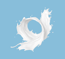Twisted milk splash isolated on blue background. Natural dairy product, yogurt or cream splash. Realistic vector illustration