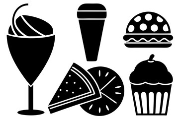 Appetizing Food and Beverage Silhouettes Vector Illustration: Pizza Slice, Wine Glass, Cupcake, Soda Can, Ice Cream Cone, Hamburger