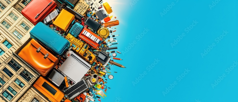 Poster colorful collection of objects spilling from a building, creating a vibrant and dynamic urban scene 