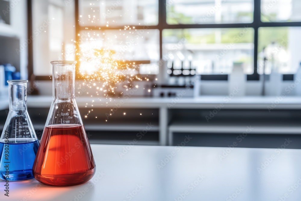 Poster colorful laboratory flasks with bubbling mixtures showcase a vibrant scientific experiment in a mode