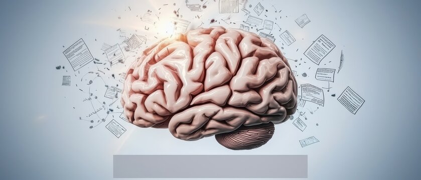 Conceptual image of a brain with ideas and data exploding, symbolizing creativity and knowledge in the digital age.