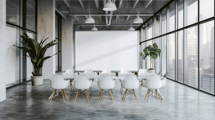 A mockup of an empty whiteboard in the center, inside a modern office conference room with big windows