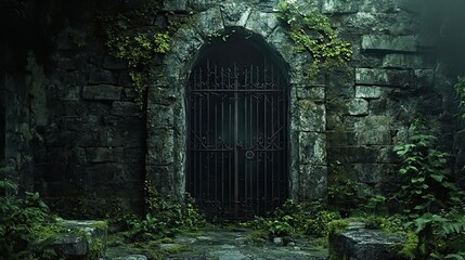 An ancient stone gate covered in vines leads into a mysterious, overgrown space, evoking a sense of forgotten history.