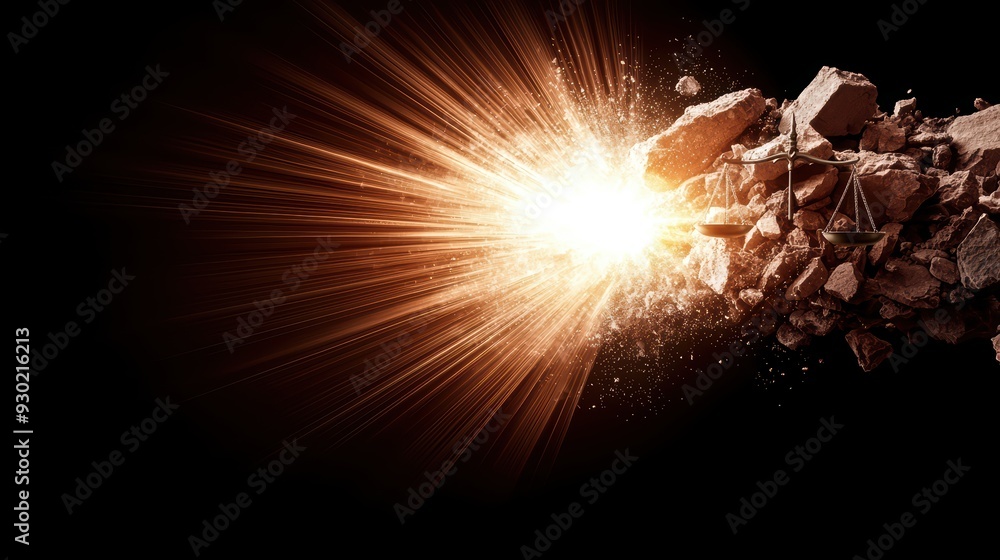 Poster dynamic explosion effect with light beams and debris on a dark background, capturing energy and moti