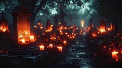 Fototapeta premium Mysterious cemetery illuminated by flickering candles, creating an eerie yet serene atmosphere amidst gravestones and shadows.