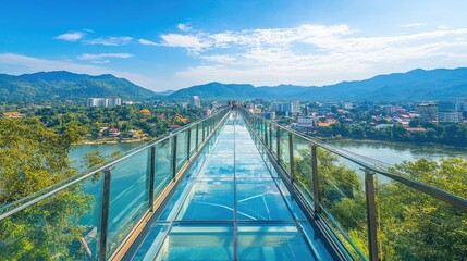 A bright summer day at the Skywalk in Kanchanaburi, Thailand, with the transparent glass deck offering stunning views of the city's skyline and the peaceful river below.