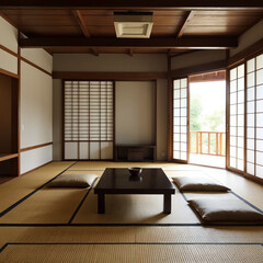 Traditional Japanese tatami room with sliding shoji doors and low table