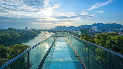 Obraz premium A bright summer day at the Skywalk in Kanchanaburi, Thailand, with the transparent glass deck offering stunning views of the city's skyline and the peaceful river below.