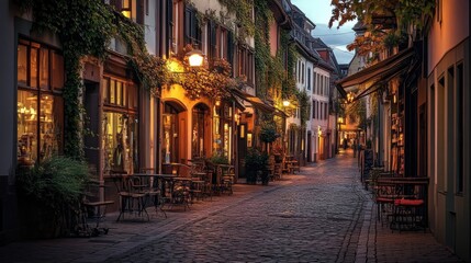 Fototapeta premium A charming evening scene in the old city of Mainz, Germany, with the streets aglow with warm lights, historic buildings, and the peaceful ambiance of a bygone era.