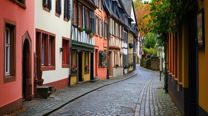Fototapeta premium A charming view of the old city of Mainz, Germany, with its narrow cobblestone streets, colorful half-timbered houses, and historic buildings creating a picturesque scene.