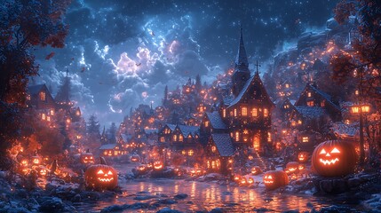 A whimsical Halloween night with cartoonish ghosts and pumpkins floating around a brightly lit, cozy village 