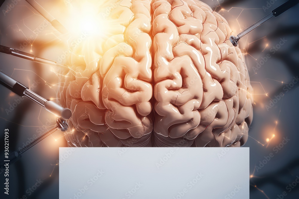 Poster exploring the intricacies of the human brain with abstract technology, showcasing innovation and neu