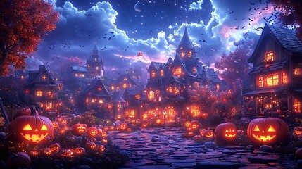 A whimsical Halloween night with cartoonish ghosts and pumpkins floating around a brightly lit, cozy village 