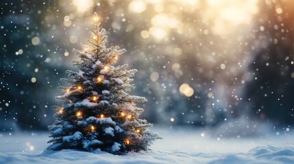 A Christmas fir tree in a snow-covered winter forest, illuminated by sunlight with garland lights twinkling softly.