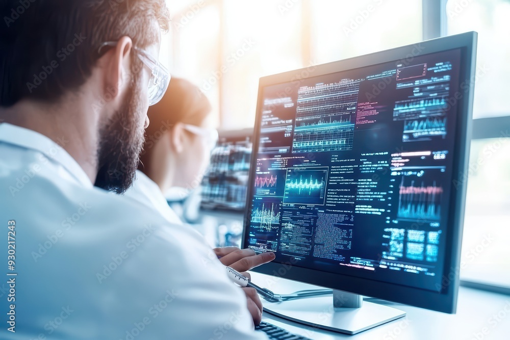 Poster focused scientists analyzing data on a computer screen in a modern laboratory. high-tech research an