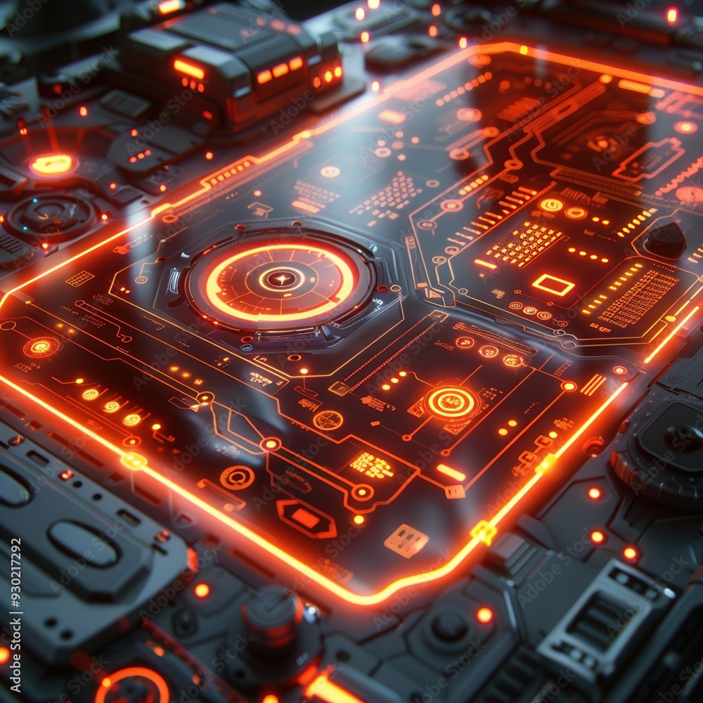 Poster futuristic circuit board with glowing orange lights, showcasing advanced technology and high-tech de
