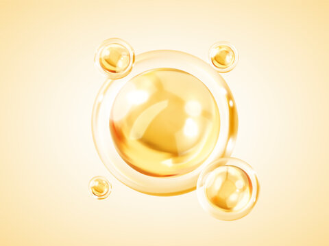 Transparent golden liquid bubbles. Golden yellow bubble oil or serum isolated on yellow background. Concept skin care cosmetics solution