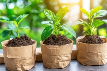Green seedlings growing in eco-friendly pots, showcasing nature's beauty and the joy of nurturing plants in a vibrant environment.
