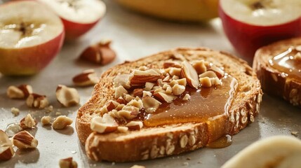 A close-up of peanut butter toast with a drizzle of honey and crushed nuts on a light table, surrounded by fresh ingredients like apples and bananas.