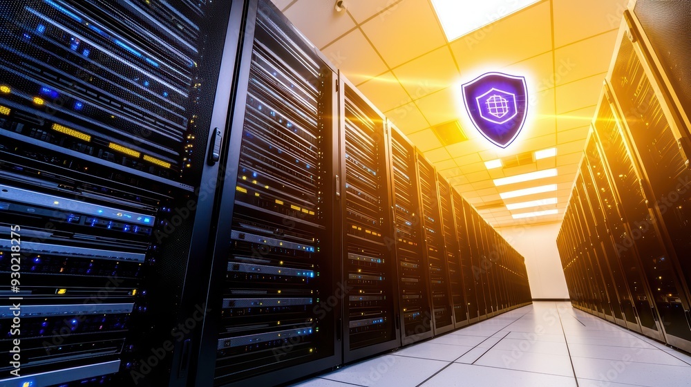 Poster modern data center showcasing high-tech servers and security, emphasizing innovation and reliability