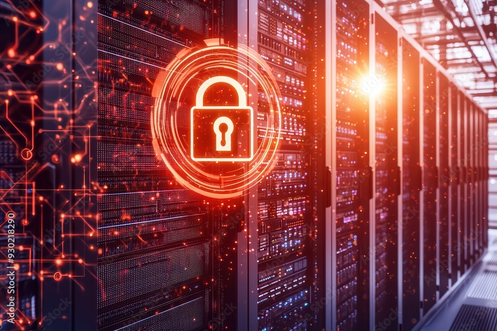Poster modern data center with digital lock icon, symbolizing security in technology and information protec