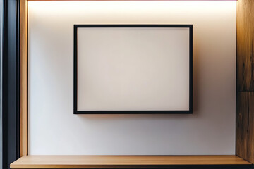 A close-up shot of an empty black frame on the wall, framed by a wooden shelf and against a white background, offers space for text or images. The picture is taken from above.