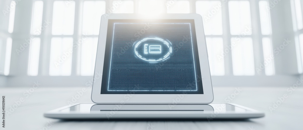 Poster modern laptop displaying a digital interface in a bright, minimalistic workspace, highlighting techn