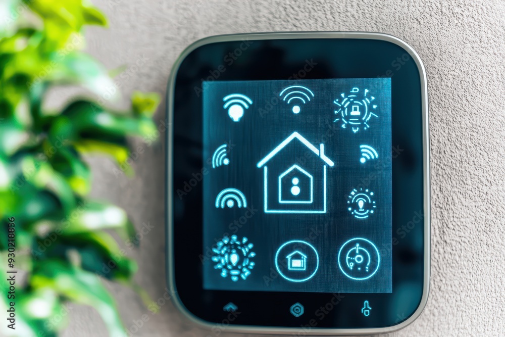 Poster modern smart home control panel with various connectivity icons displaying home automation features 