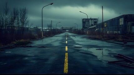 A gloomy road leading through an abandoned industrial area, broken streetlights and crumbling buildings, dark and foreboding atmosphere, rule of thirds emphasizing the road is vanishing point