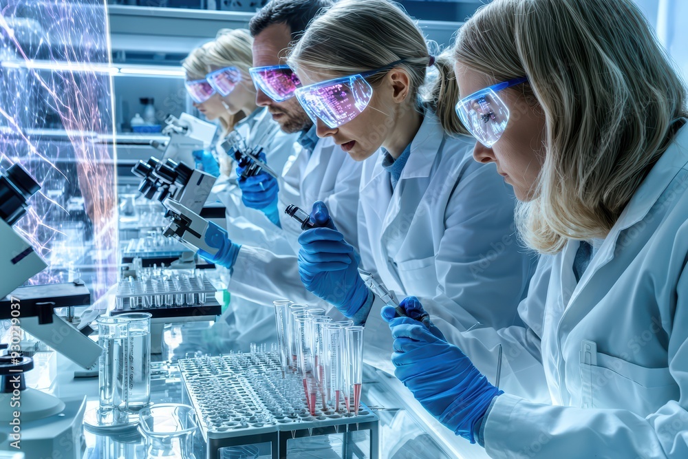 Poster scientific team working in a modern laboratory, using microscopes and conducting experiments for gro