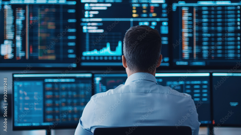 Aufkleber focused professional monitoring multiple digital screens with stock data and analytics in a modern f