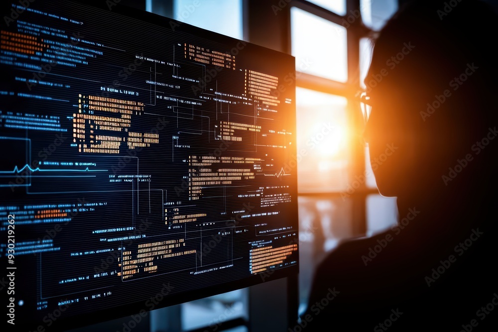 Poster silhouette of a programmer analyzing code on a screen with sunset lighting, representing technology 