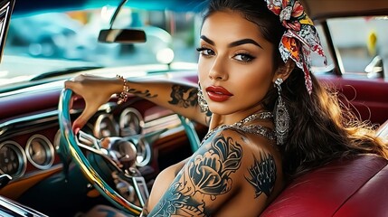 A woman with tattoos sitting in a red car