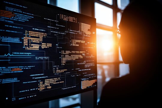 Silhouette of a programmer analyzing code on a screen with sunset lighting, representing technology and innovation.