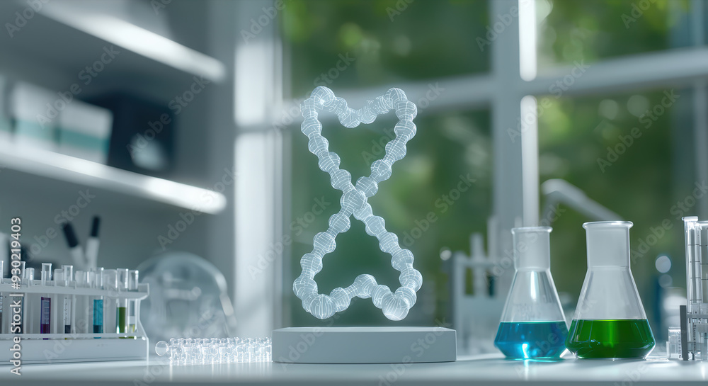 Poster sterile laboratory showcasing a molecular model with colorful liquids in beakers, representing scien